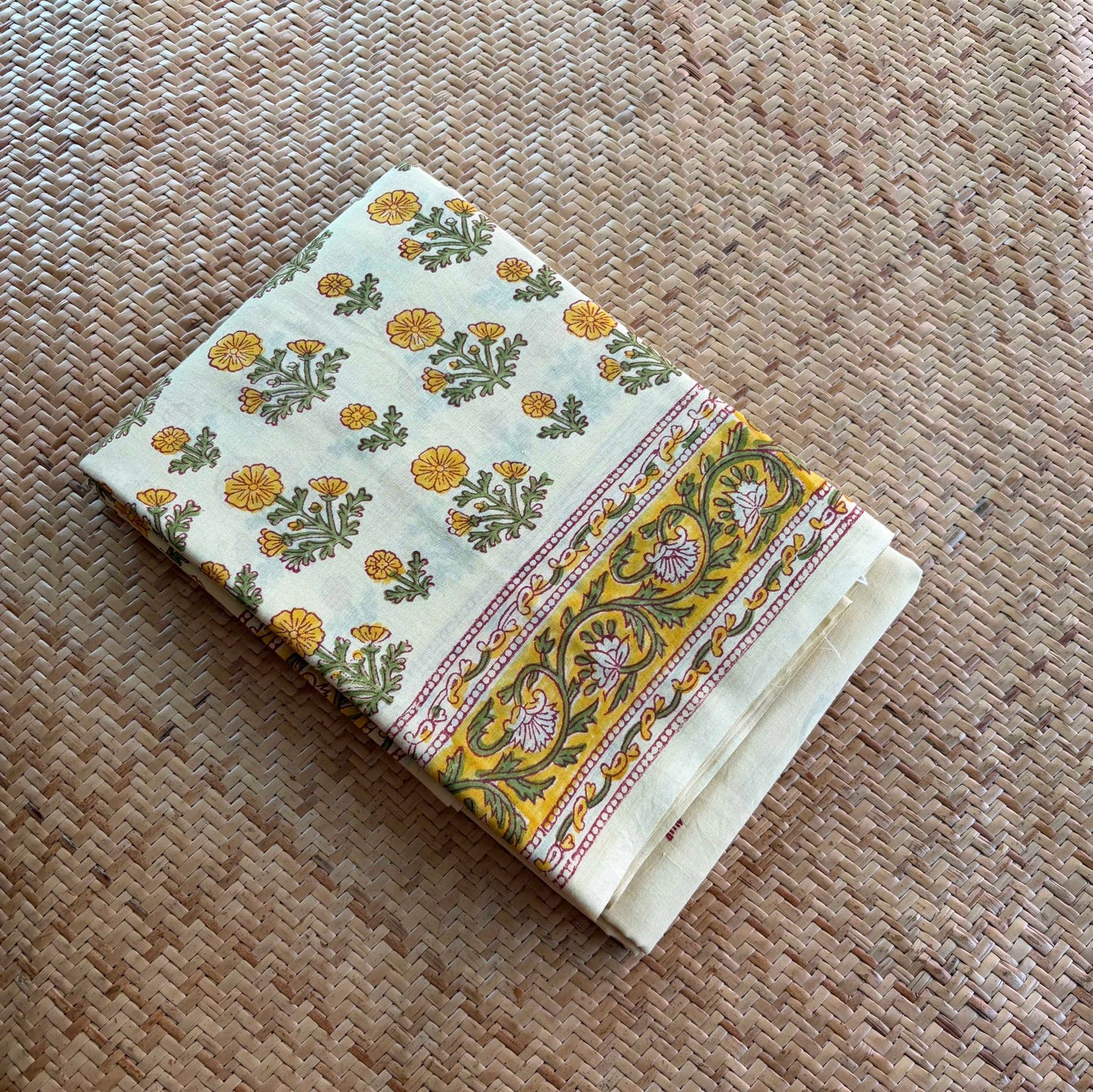 Mul Mul Cotton saree, Hand Block Printed, Pastel Yellow