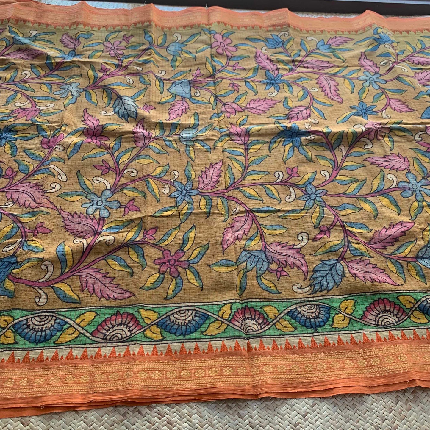 Mustard Kalamkari Hand Painted on Chettinad Cotton saree