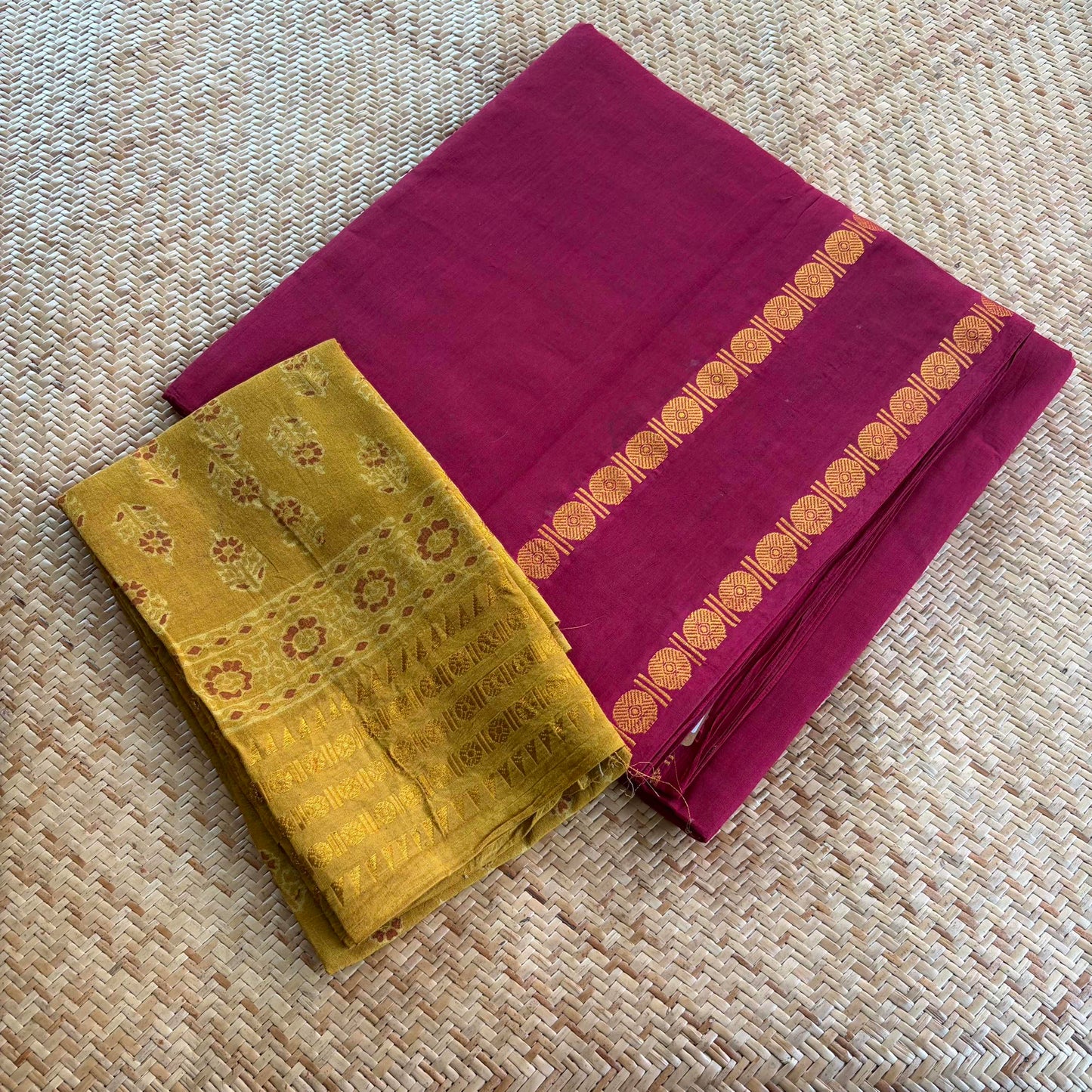 Maroon Saree With Ajrak Blouse , Zari Rudraksham Rettai Pettu Border , Clamp dyed (Kattu sayam)