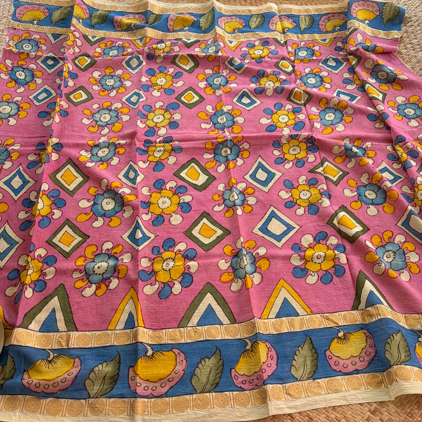 Pink Floral, Kalamkari Hand Painted on a Madurai Sungudi Cotton 1.20 METER FABRIC
