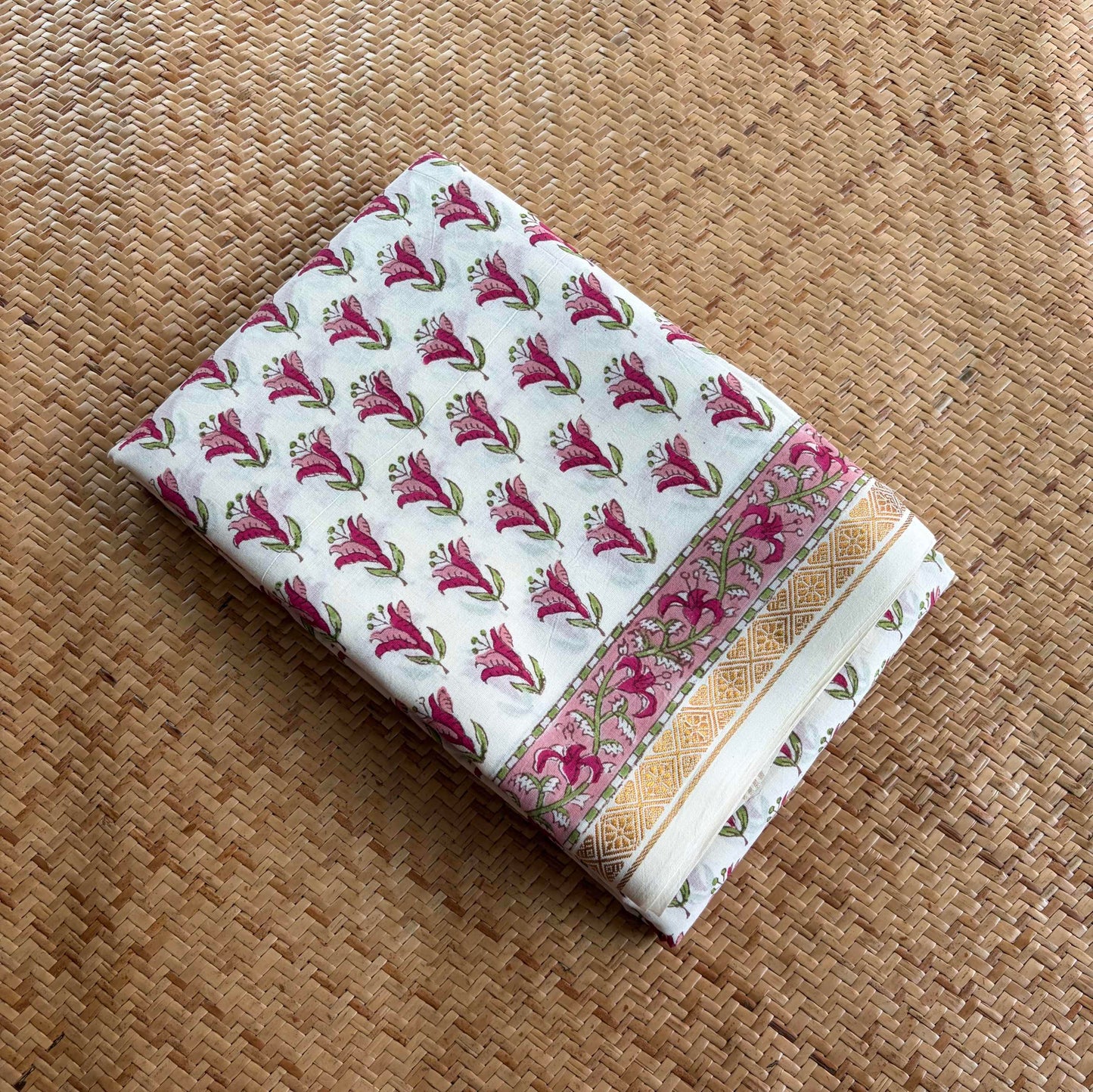 White, Jaipur Hand Block Printed On Madurai Cotton Saree With Zari