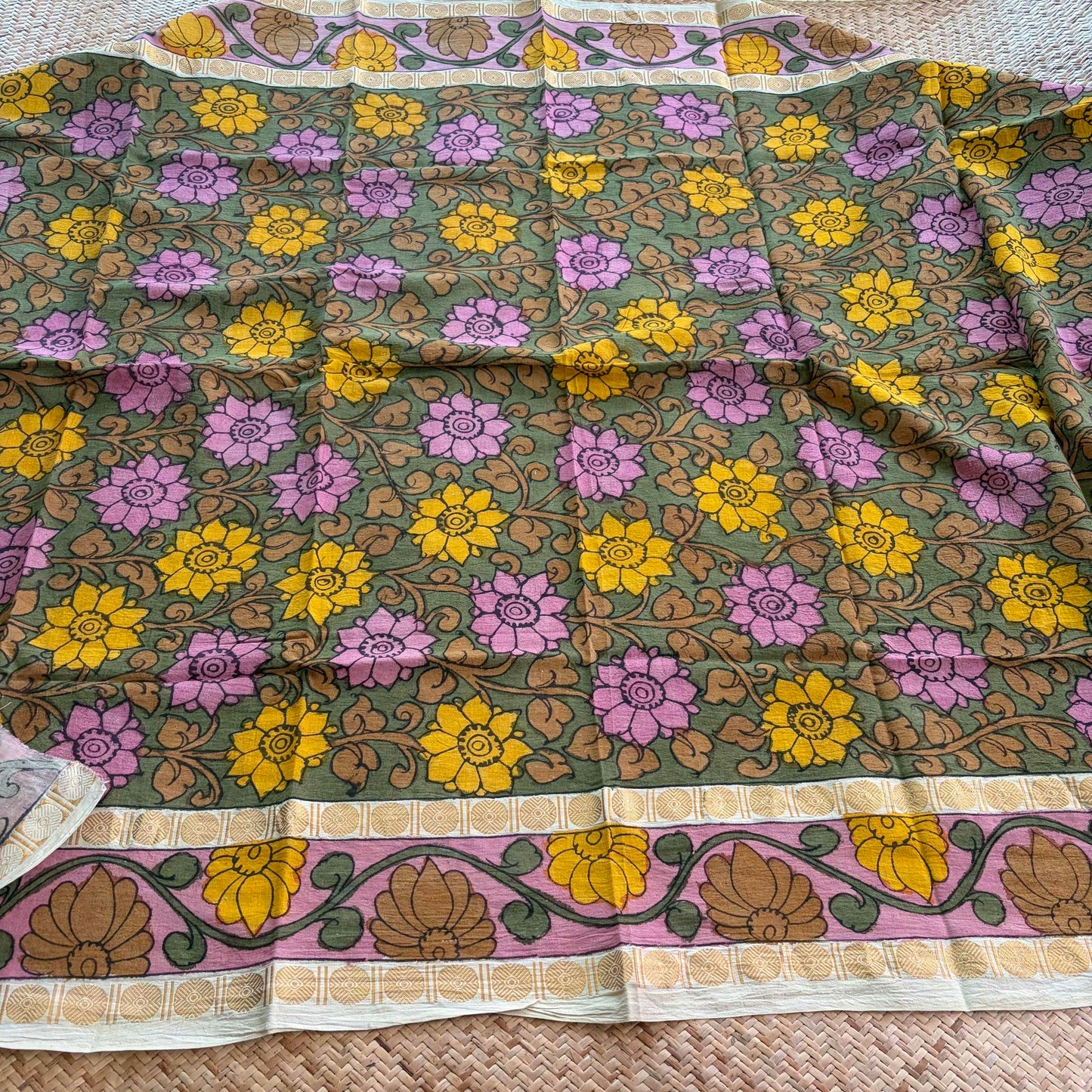 Green Floral, Kalamkari Hand Painted on a Madurai Sungudi Cotton 1.20 METER FABRIC