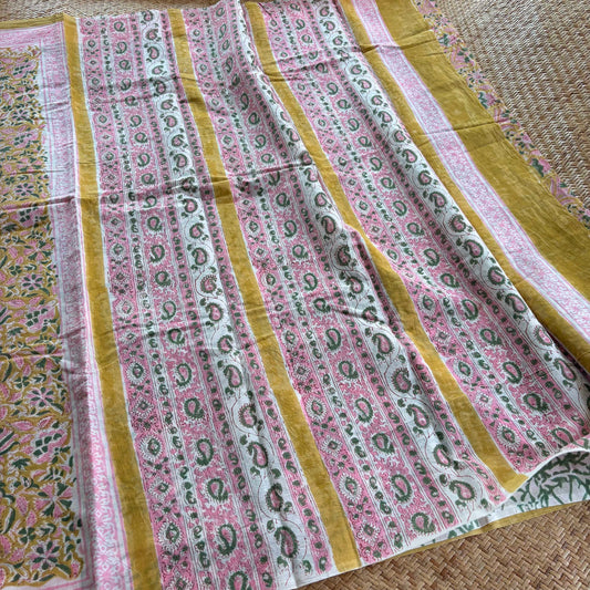 Mul Mul Cotton saree, Hand Block Printed, Mustard