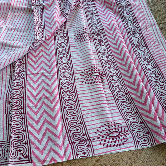 Mul Mul Cotton saree, Hand Block Printed, White