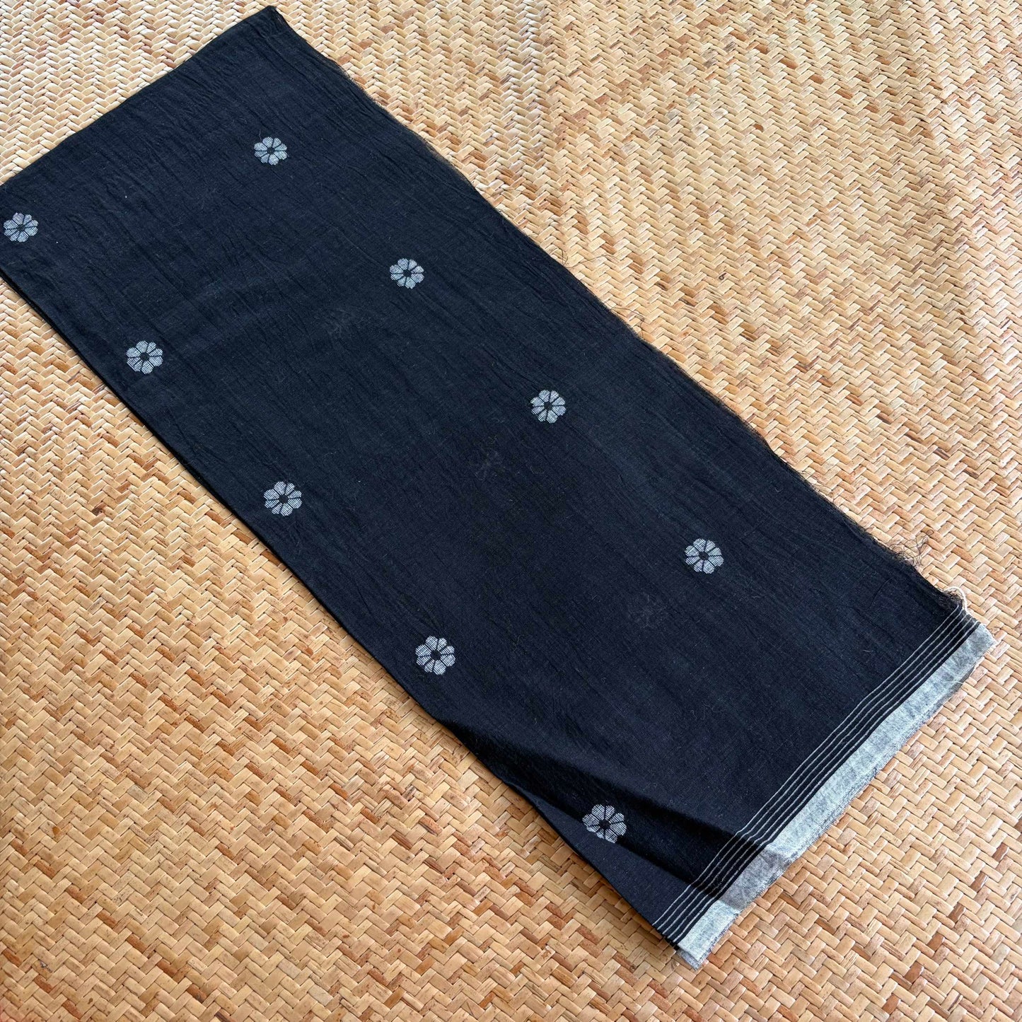 Jamdani Handloom Cotton Running Fabric, Black