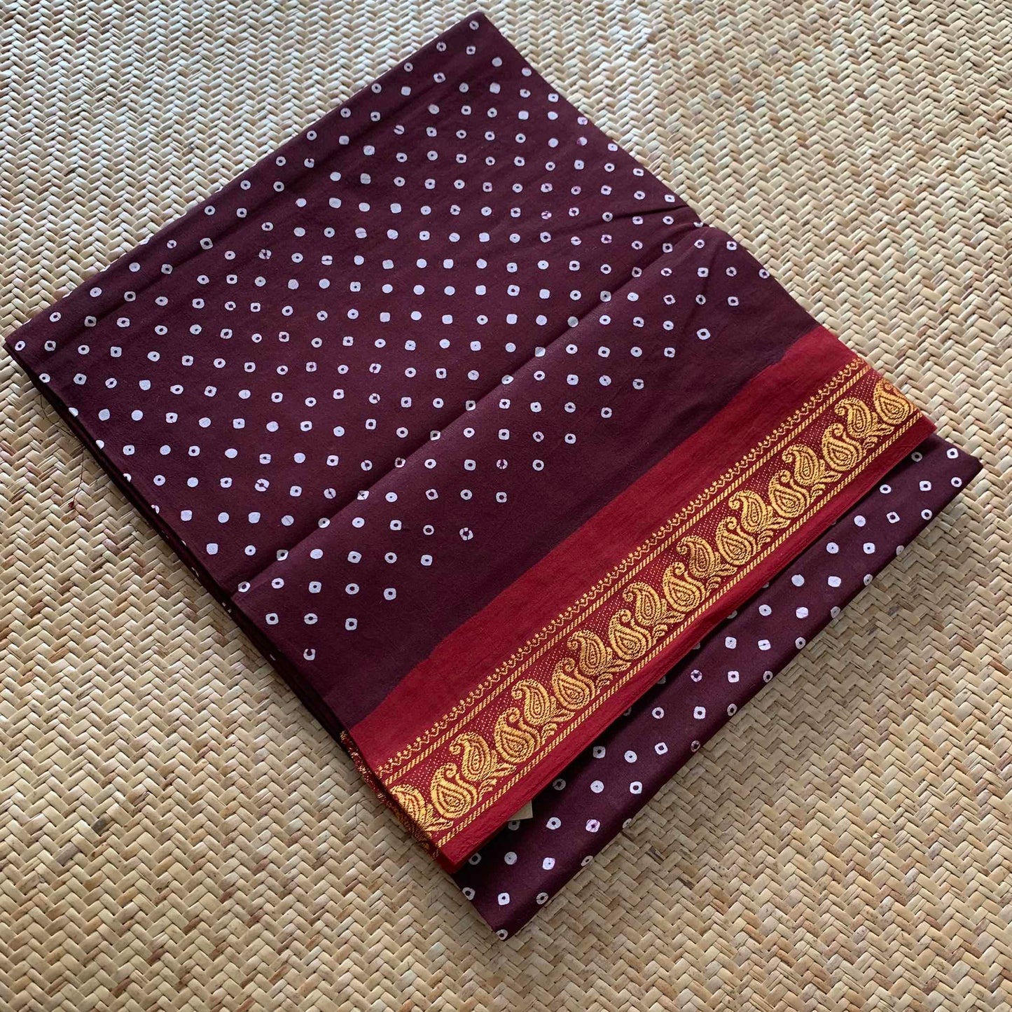 Brown With Red Wax Print, Half Fine Zari Premium Sungudi Cotton Sarees