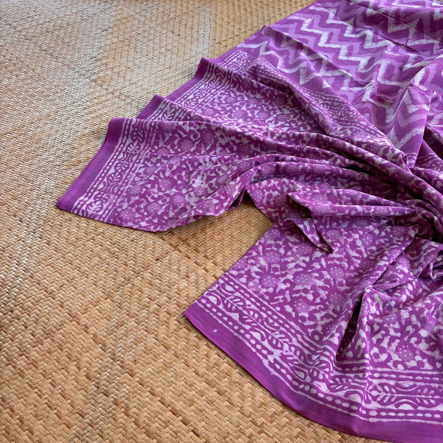 Mul Mul Cotton saree, Hand Block Printed, Purple