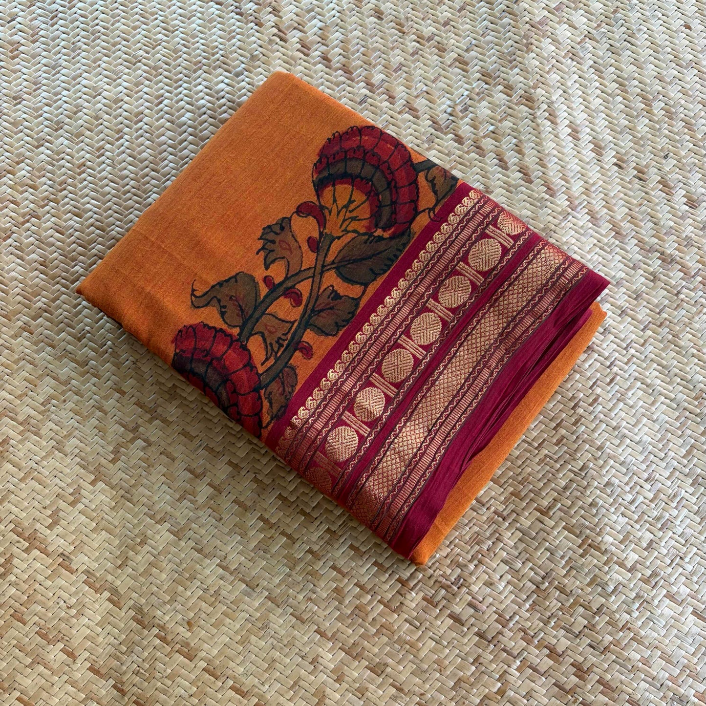 Orange, Kalamkari Hand Painted on Chettinad Cotton saree