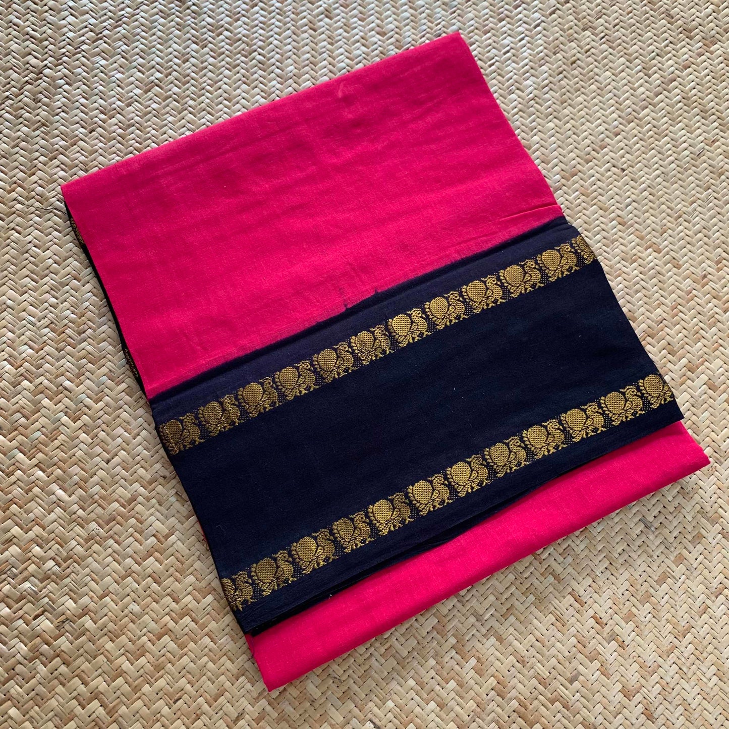 Pink Saree With Navy Border, Zari Annam Rettai Pettu Border , Clamp dyed (Kattu sayam).