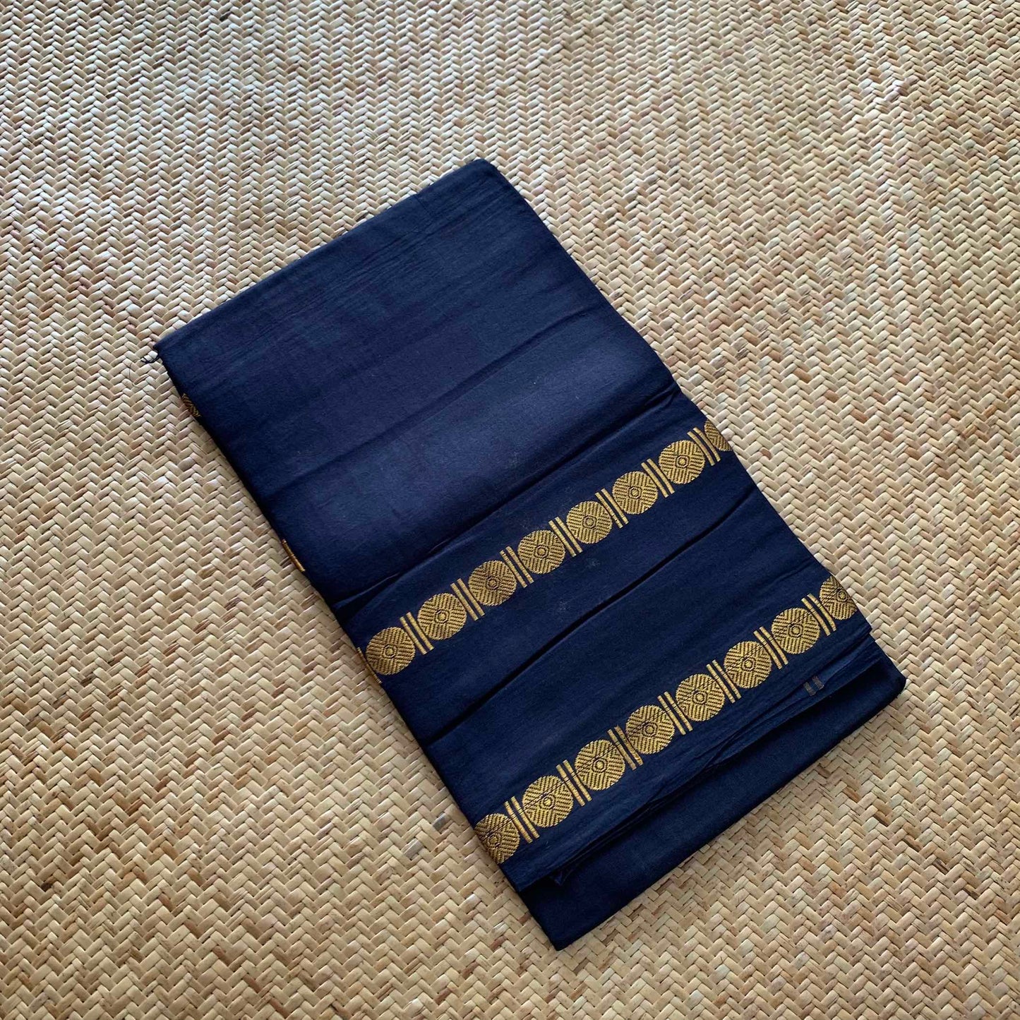 Black Saree With Ajrak Blouse , Zari Rudraksham Rettai Pettu Border , Clamp dyed (Kattu sayam).