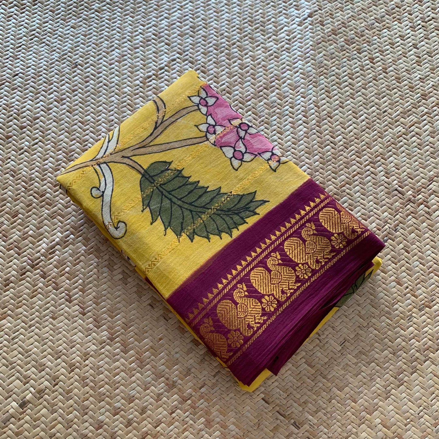 Mustard Kalamkari Hand Painted on a Madurai Velthari Sungudi Cotton saree.