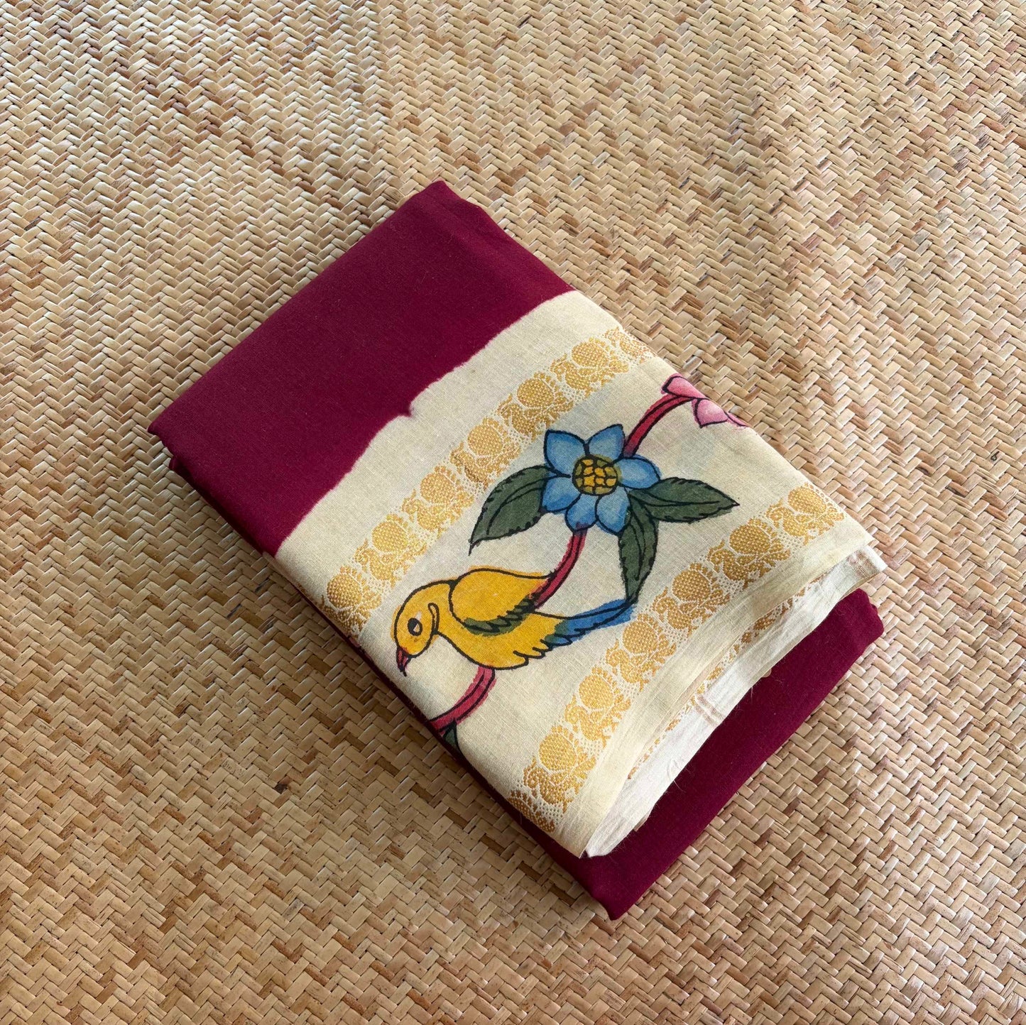 Parrot 🦜 - Kalamkari Hand Painted on a Madurai Sungudi Cotton saree.