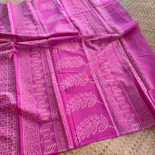 Mul Mul Cotton saree, Hand Block Printed, Pink
