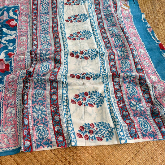Mul Mul Cotton saree, Hand Block Printed, Blue