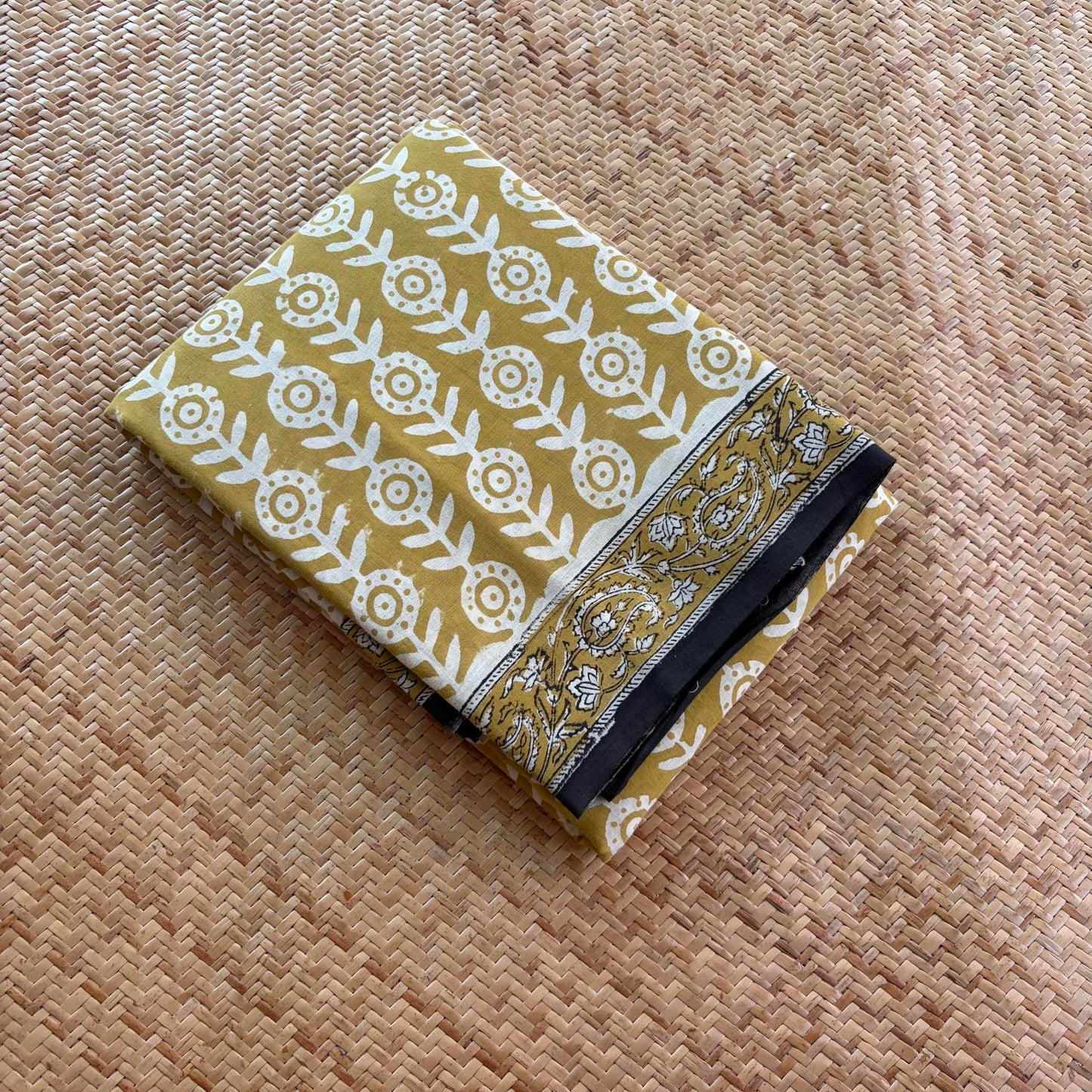 Mul Mul Cotton saree, Hand Block Printed, Yellow