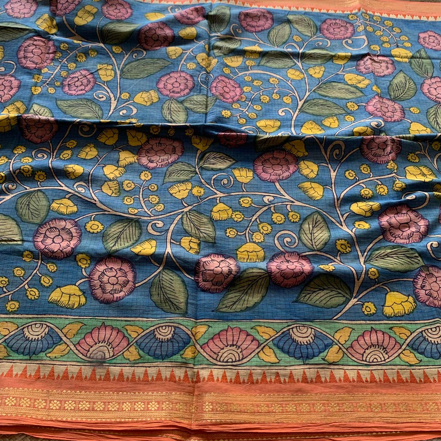 Teal, Kalamkari Hand Painted on Chettinad Cotton saree