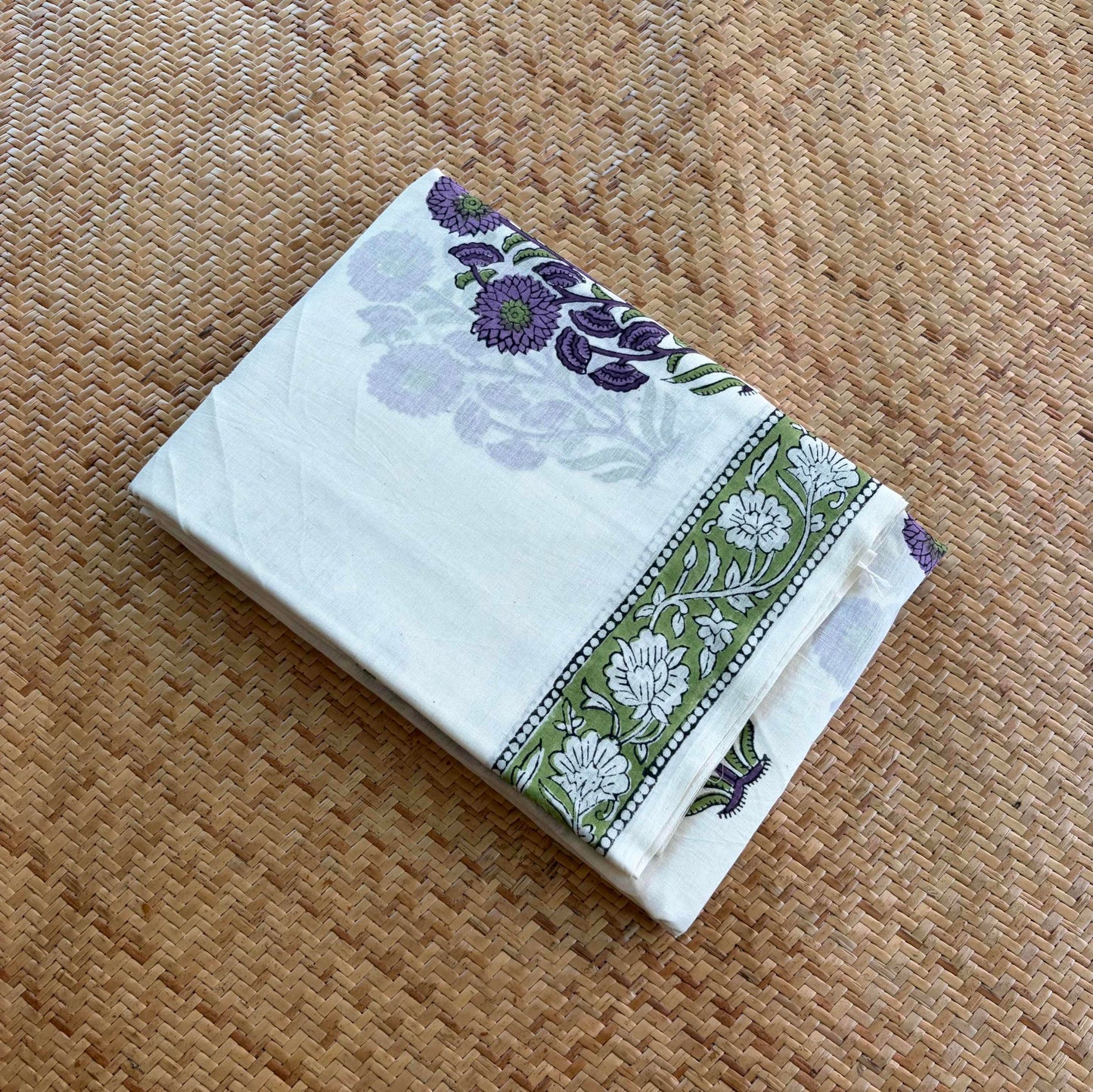 Mul Mul Cotton saree, Hand Block Printed, White