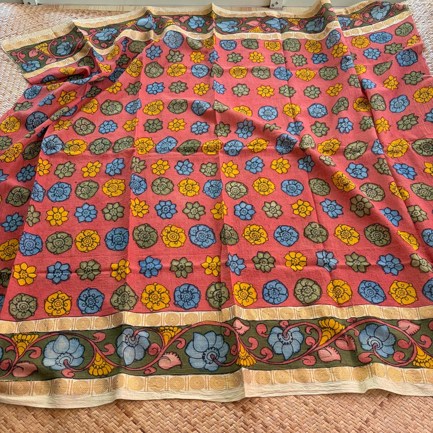 Rust Orange Floral, Kalamkari Hand Painted on a Madurai Sungudi Cotton 1.20 METER FABRIC