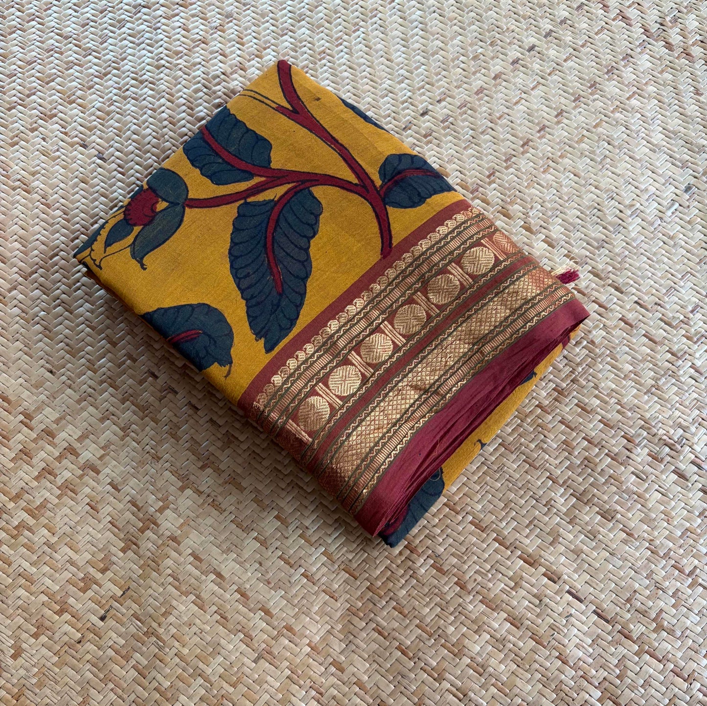 Mustard Kalamkari Hand Painted on Chettinad Cotton saree