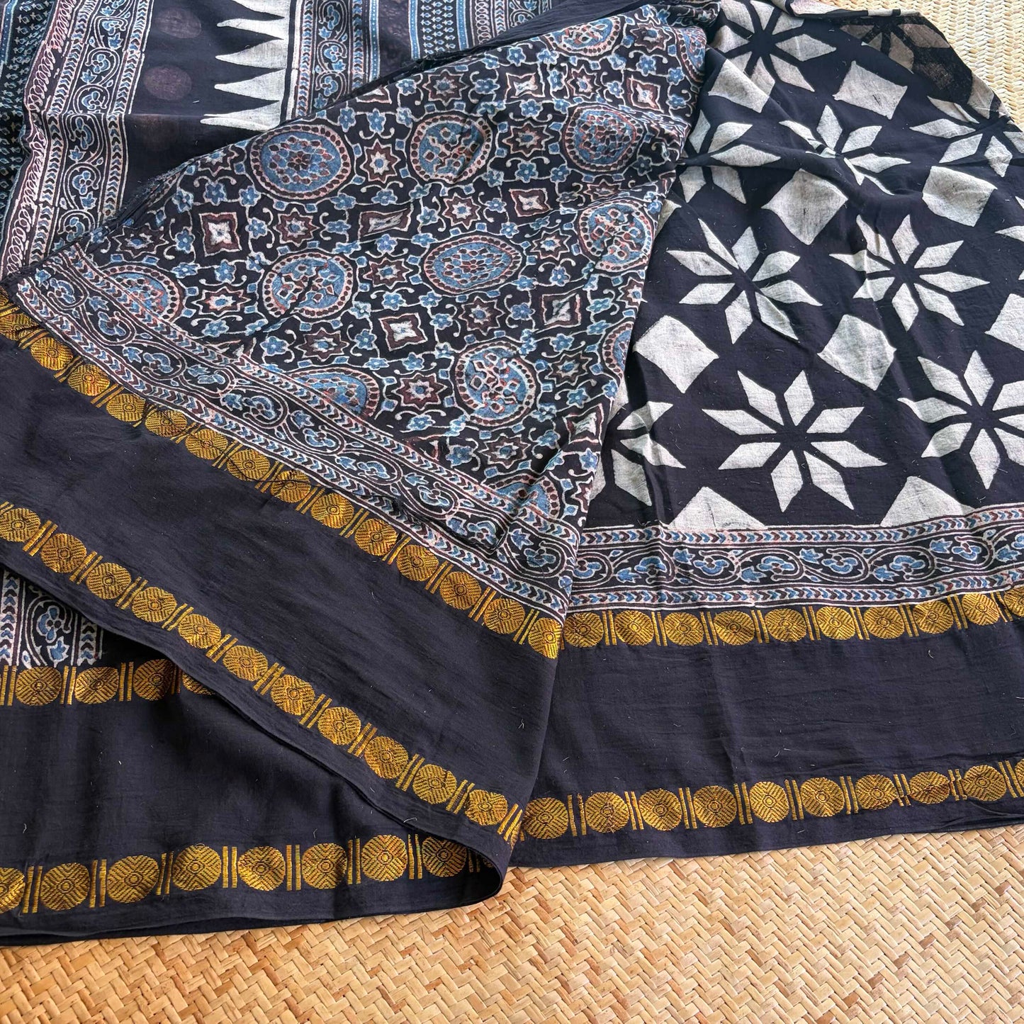 Black, Ajrak Hand Block Printed On Madurai Cotton Saree With Zari