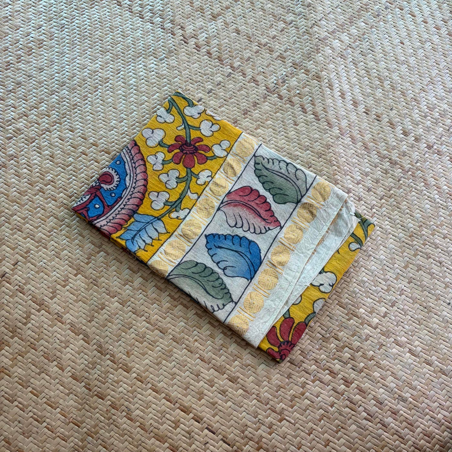 Yellow Floral, Kalamkari Hand Painted on a Madurai Sungudi Cotton 1.20 METER FABRIC