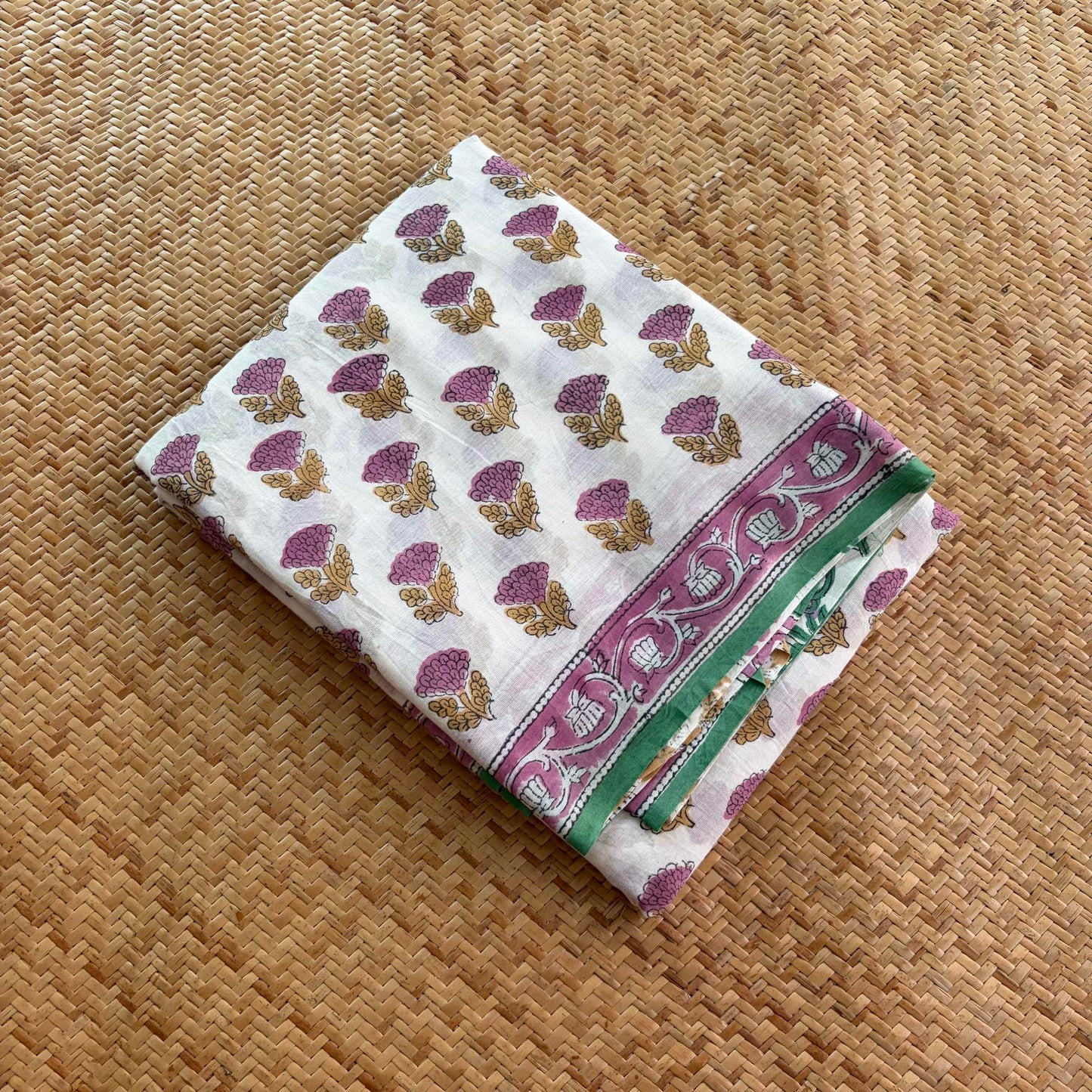 Mul Mul Cotton saree, Hand Block Printed, White