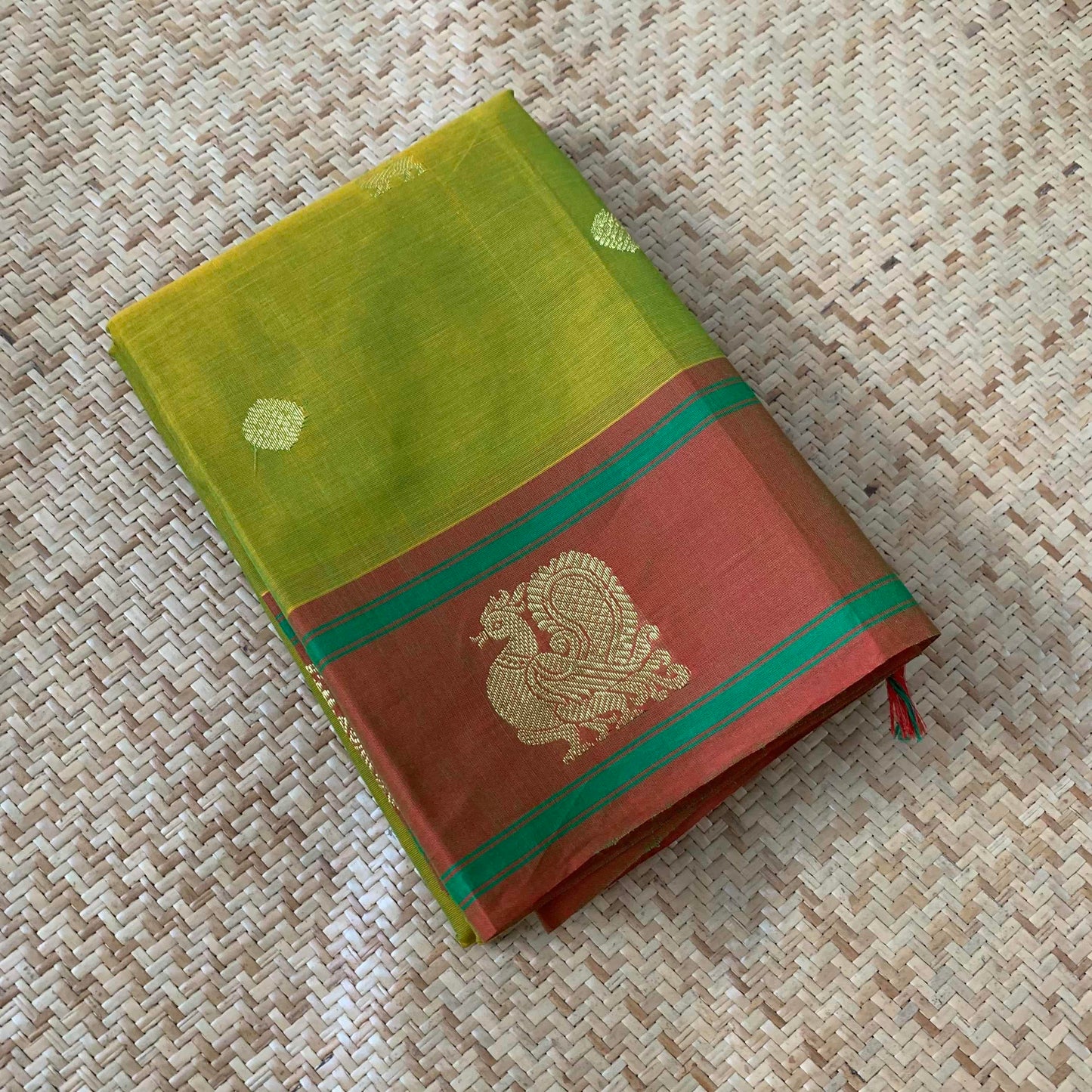 Kanchipuram Cotton Saree, Green Double Tone Saree with Brown Border, Grand Pallu and Yazhi Chakkaram Butta