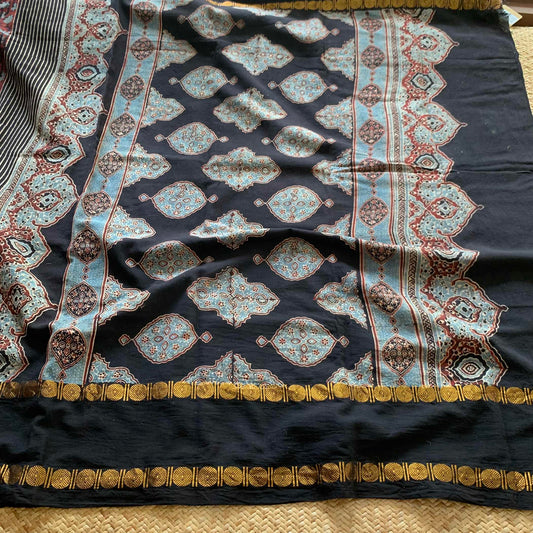 Black strips , Ajrak Hand Block Printed On Madurai Cotton Saree With Zari