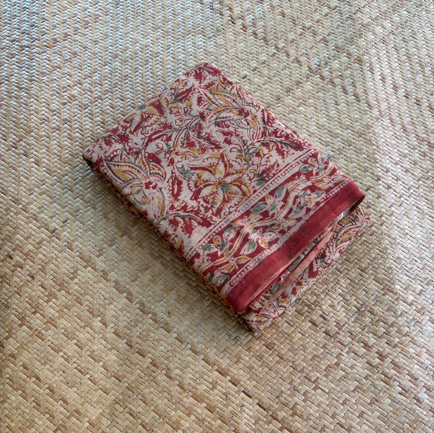 Red, Kalamkari Hand Block Printed Natural dye, Mul cotton saree