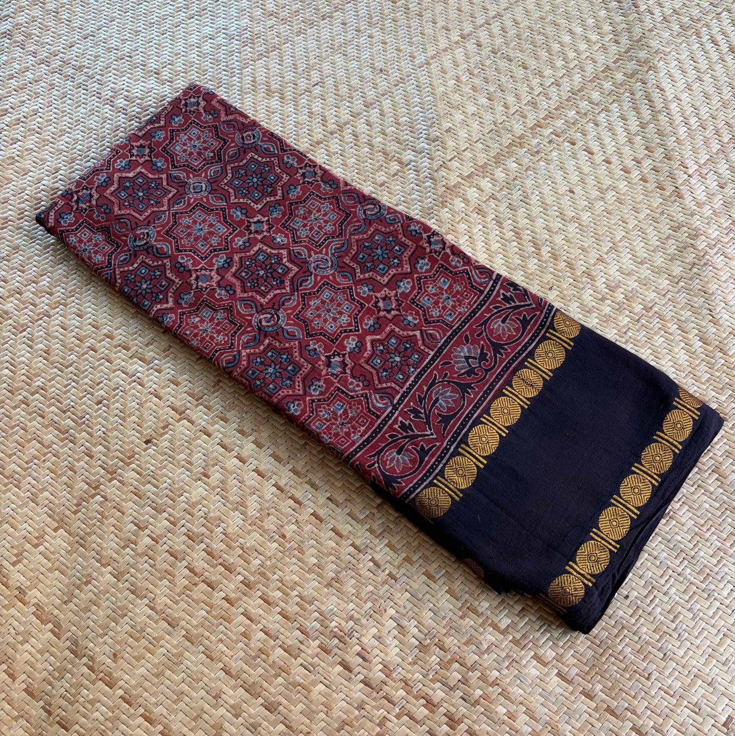 Star Madder, Ajrak Hand Block Printed On Madurai Cotton Saree With Zari