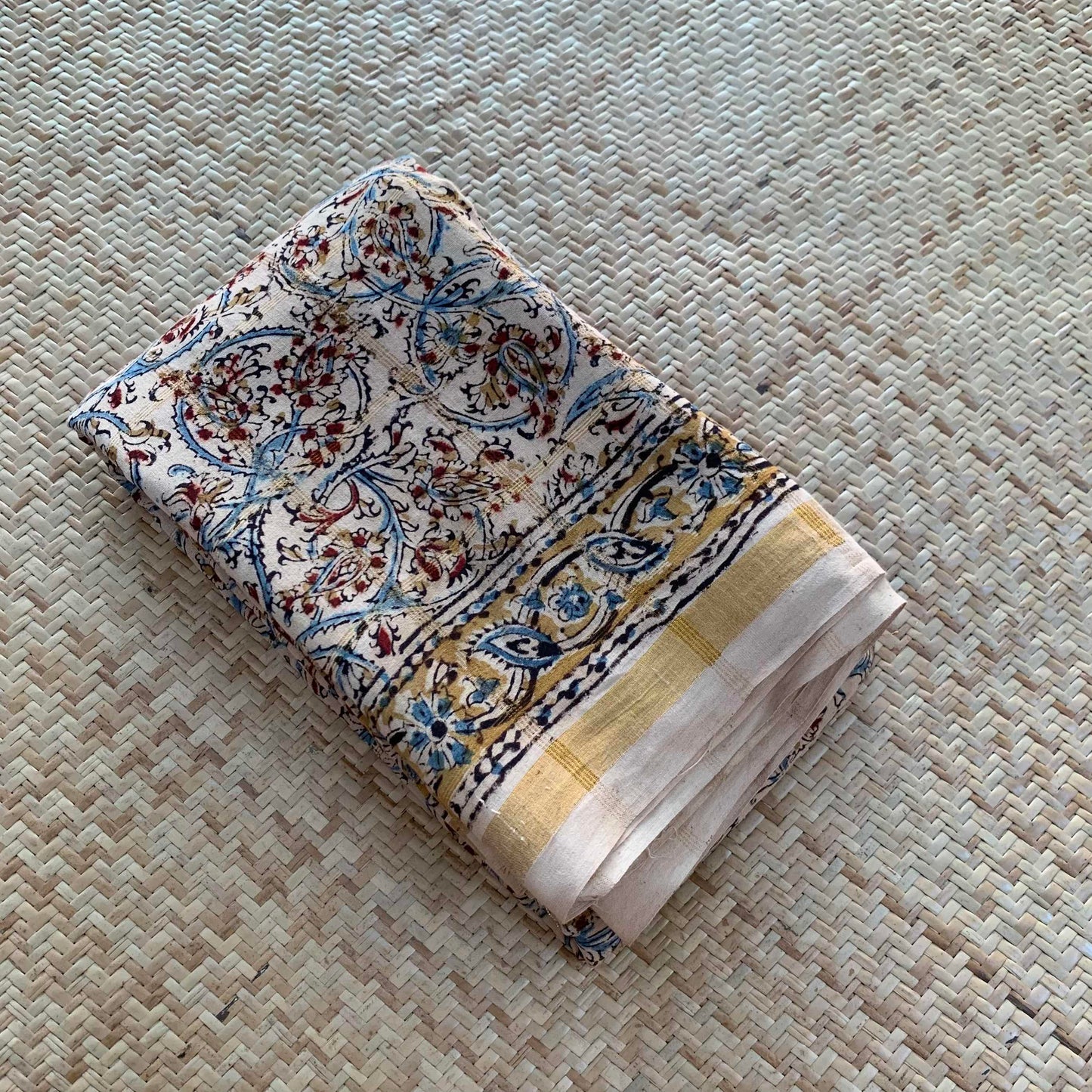 Beige, Kalamkari Hand Block Printed On Madurai Cotton Saree With Zari