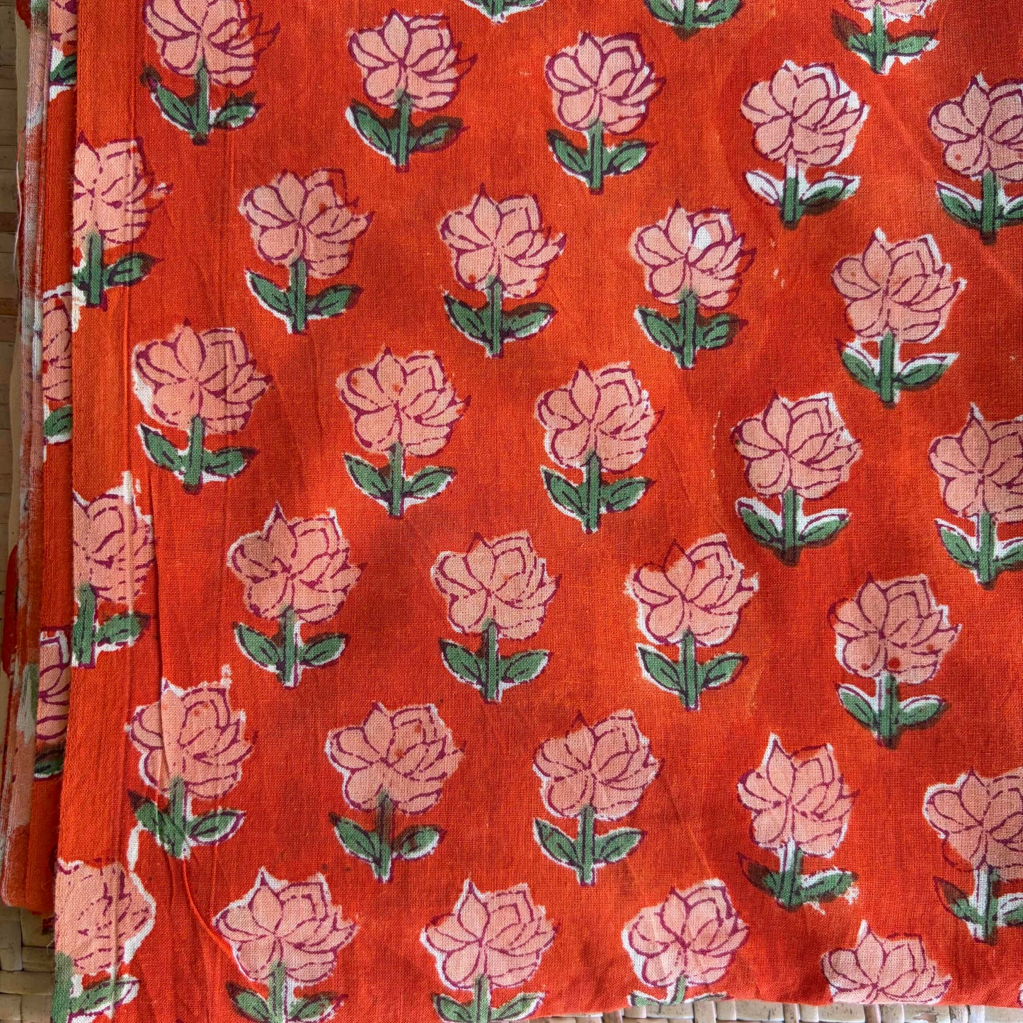 Hand Block Printed Sanganeri Cotton Running Fabric, Orange