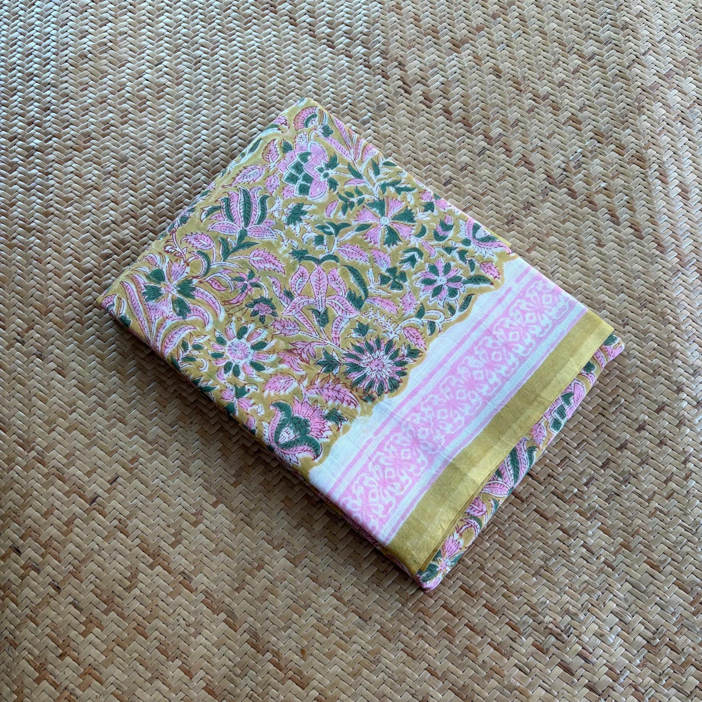 Mul Mul Cotton saree, Hand Block Printed, Mustard