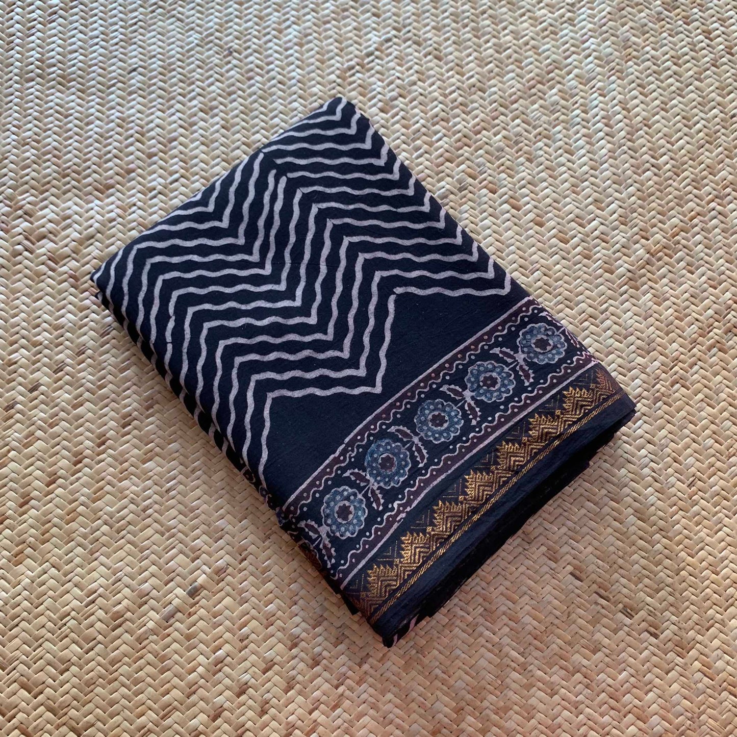 Herringbone Black, Ajrak Hand Block Printed On Madurai Cotton Saree With Zari