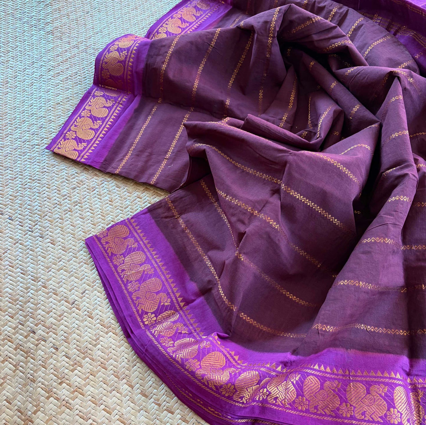 Brown saree with Purple Border, Zari Velthari Madurai Sungadi Saree with blouse