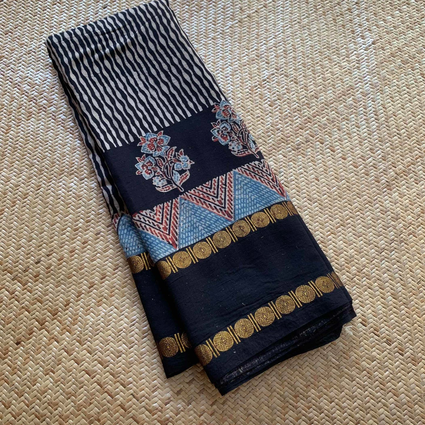 Black waves, Ajrak Hand Block Printed On Madurai Cotton Saree With Zari