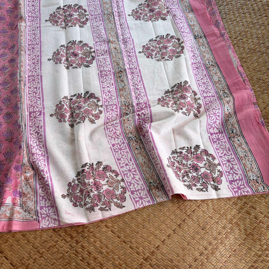 Mul Mul Cotton saree, Hand Block Printed, Pink