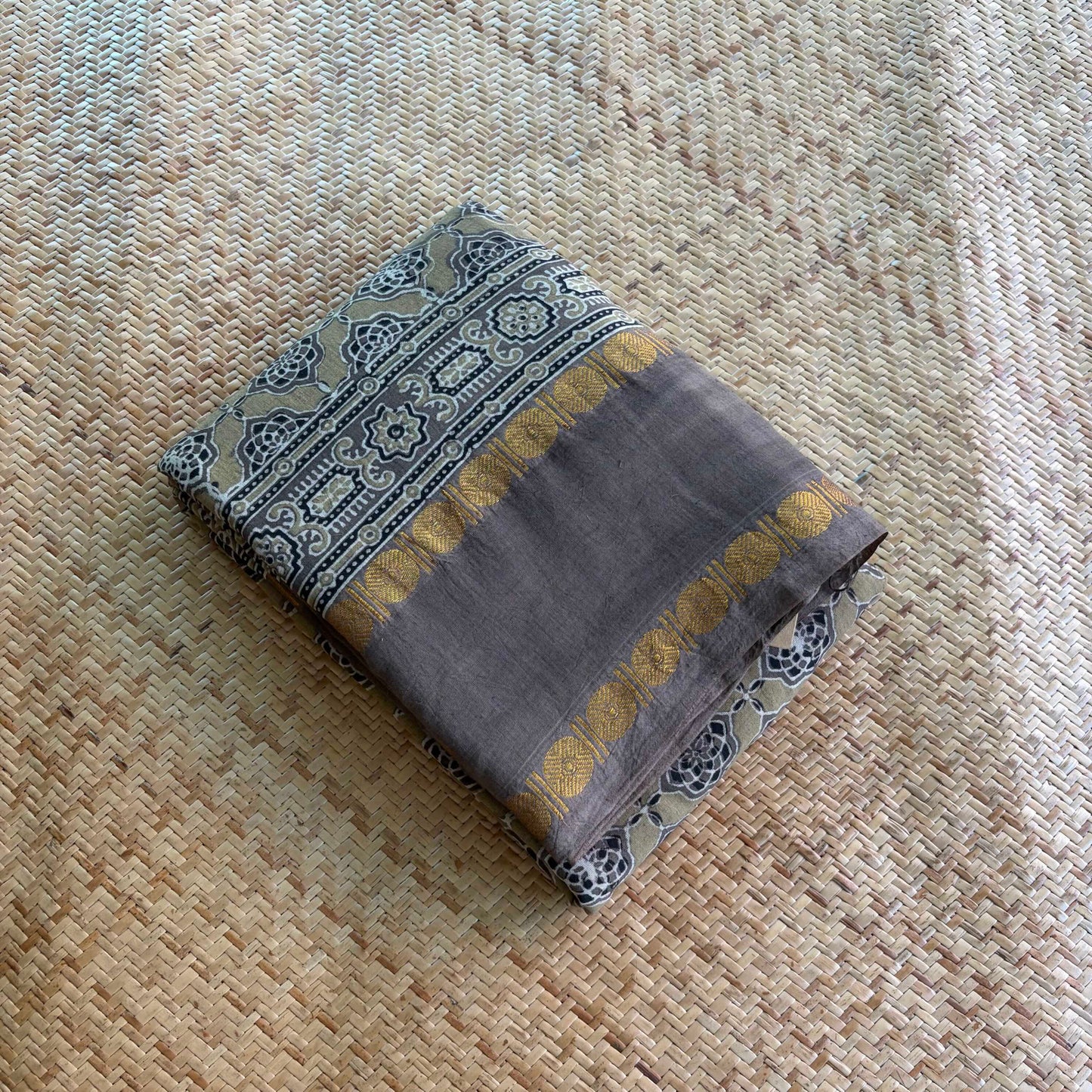 Taupe, Ajrak Hand Block Printed On Madurai Cotton Saree With Zari