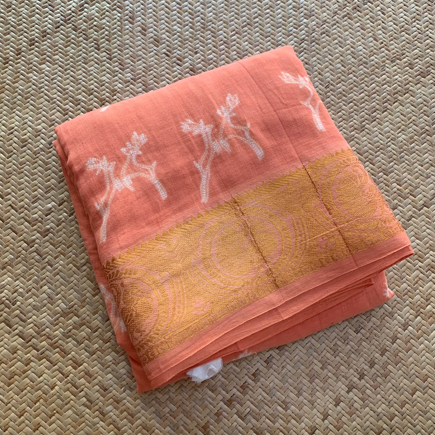 Pastel Orange, Hand Crafted Nui Shibori Sungudi Cotton Saree