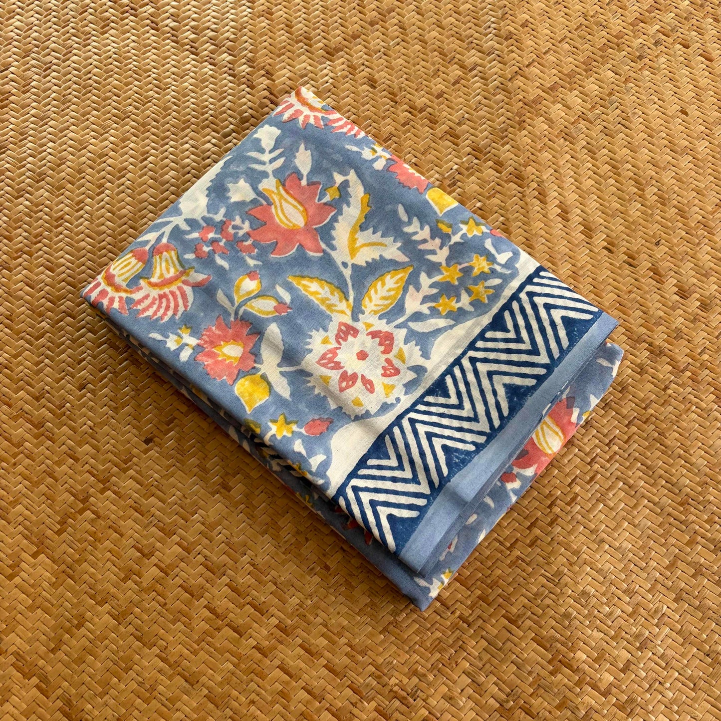 Mul Mul Cotton saree, Hand Block Printed, Pastel Blue