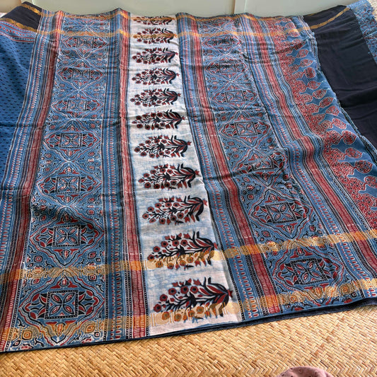 Cloud Indigo, Ajrak Hand Block Printed On Madurai Cotton Saree With Zari