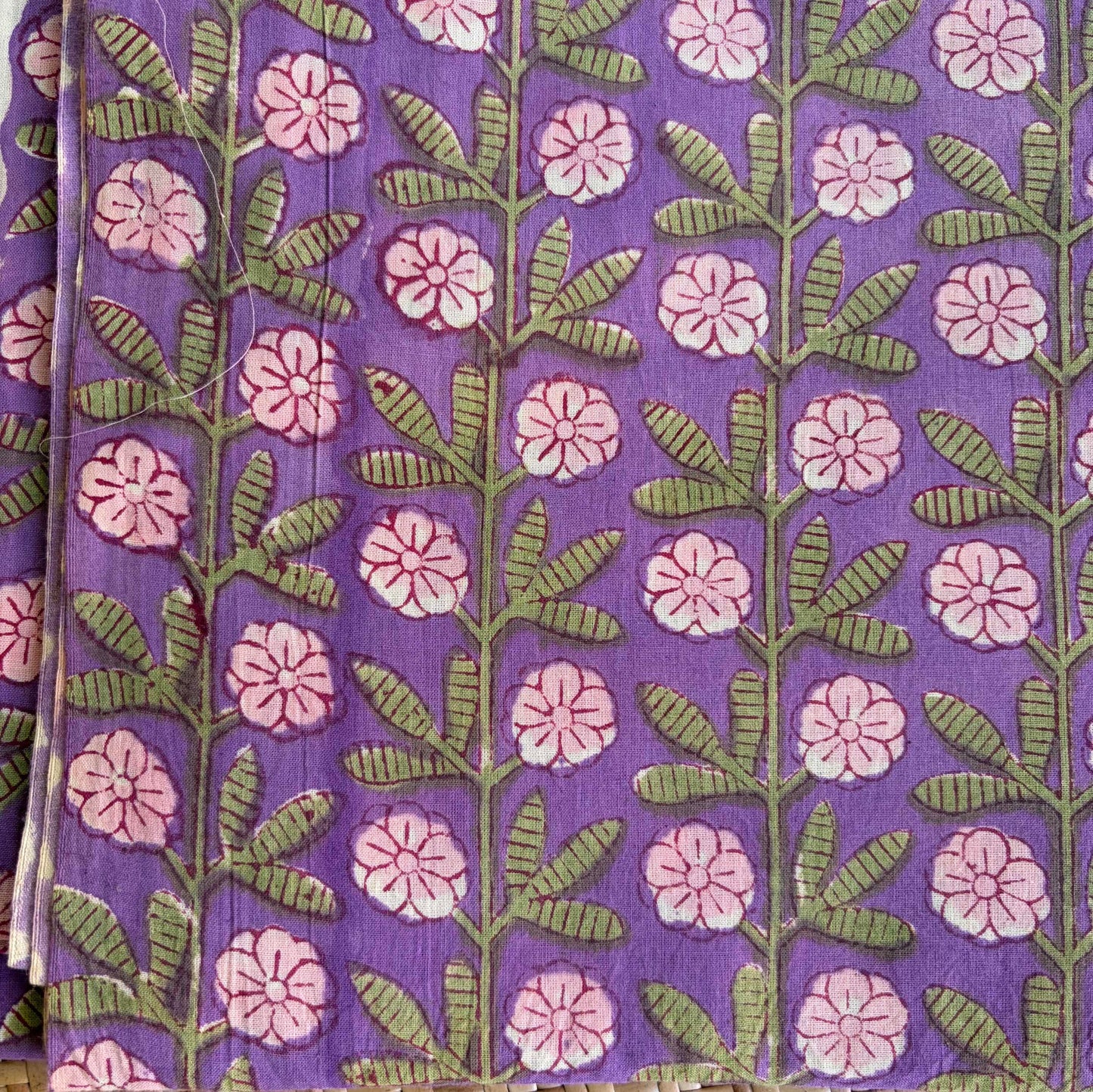 Hand Block Printed Sanganeri Cotton Running Fabric, Purple