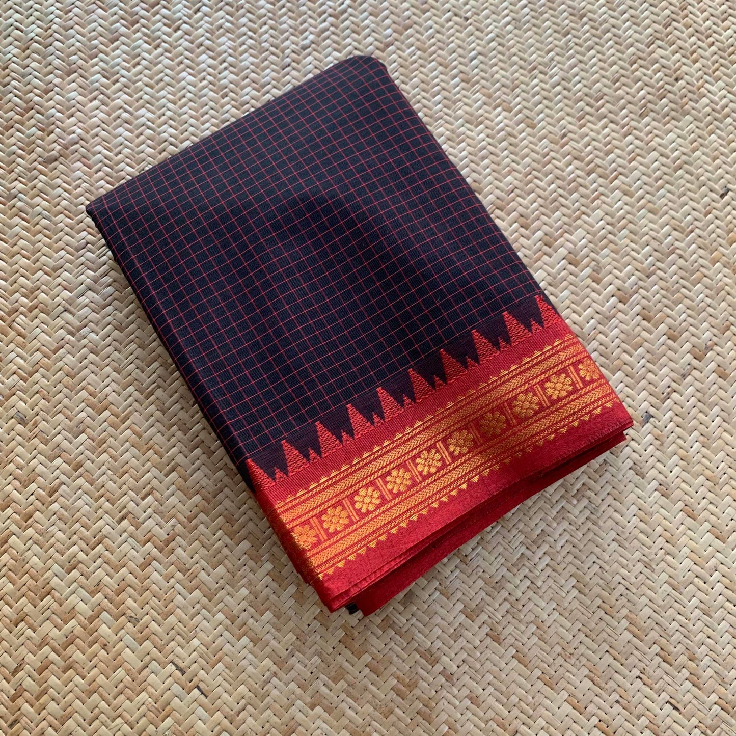 Chettinad Cotton Saree, Black Saree with Red Border