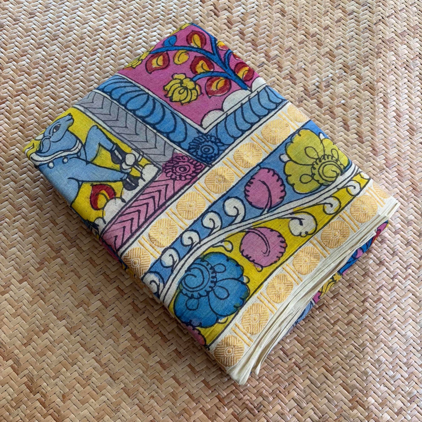 Column and Row Kalamkari Hand Painted on Cotton Sungudi Saree With Blouse