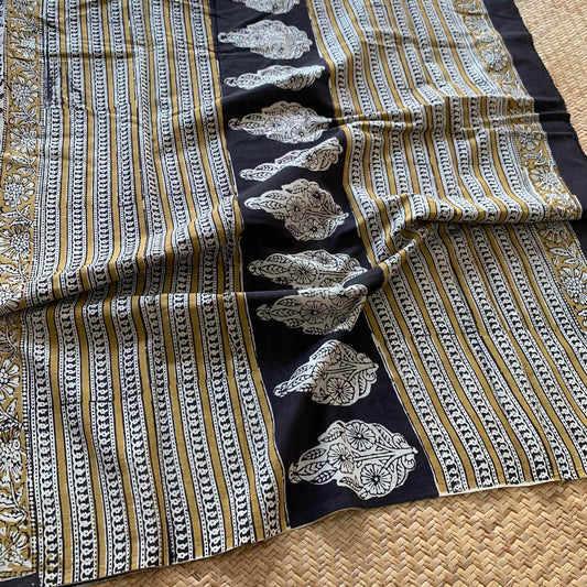 Mul Mul Cotton saree, Hand Block Printed, Black