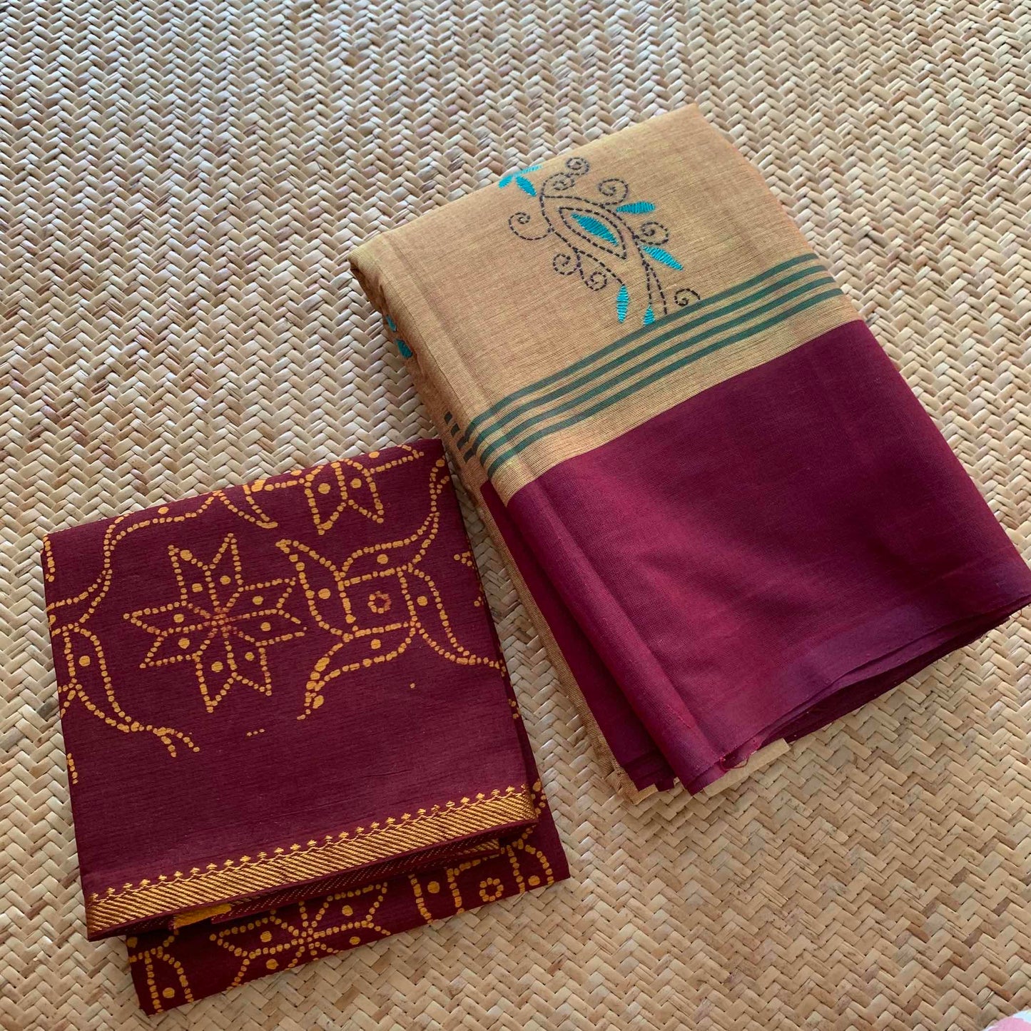 Arupukottai Hand woven Saree with multi colour thread Kantha embroidery