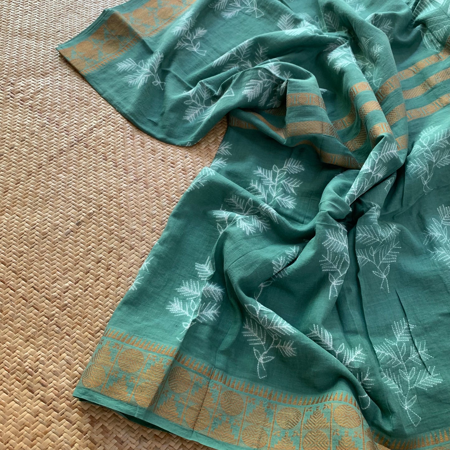 Pastel Sage Green, Hand Crafted Nui Shibori Sungudi Cotton Saree