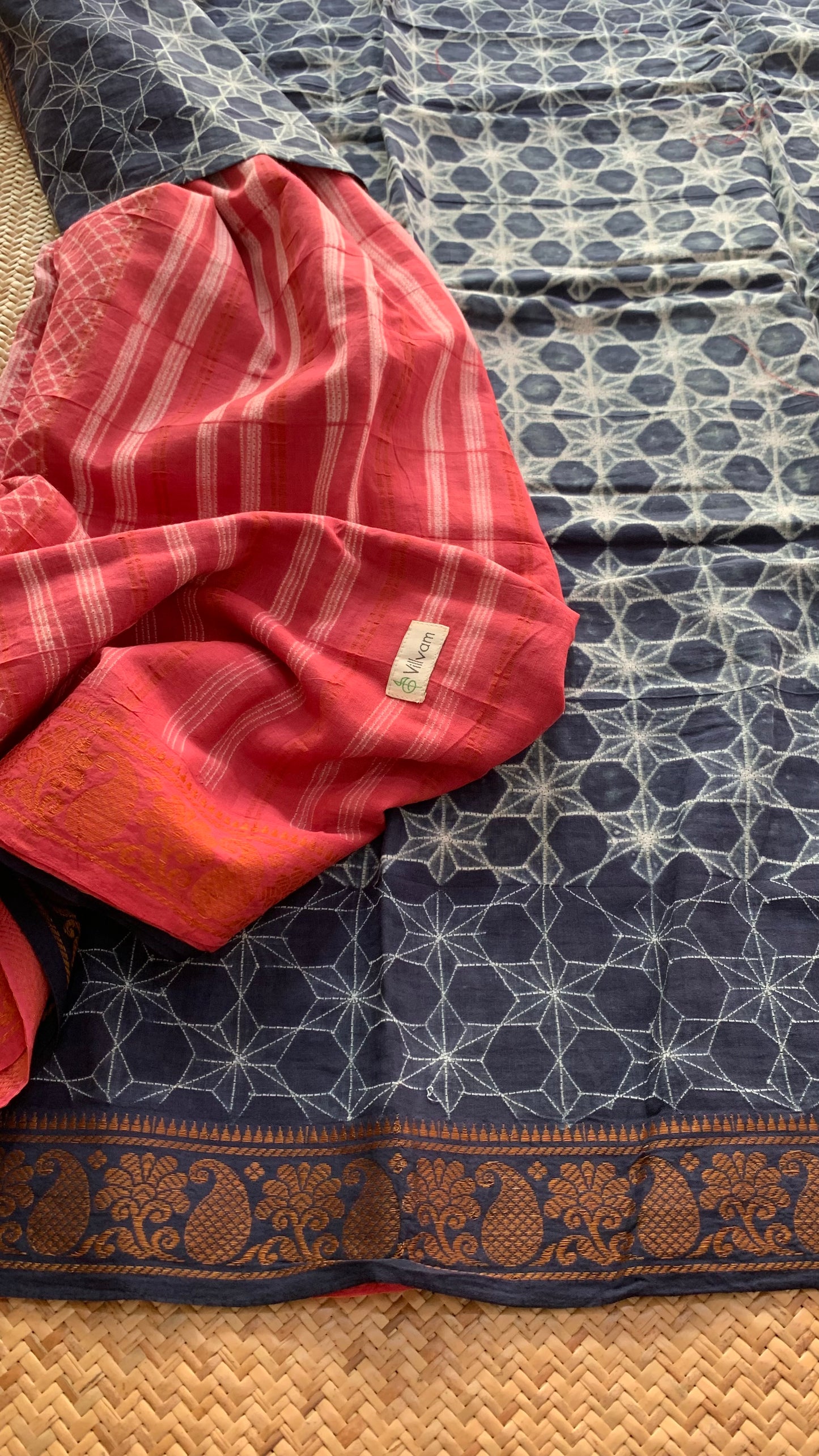 Grey with Salmon Pink, Hand Crafted Nui Shibori Sungudi Cotton Saree
