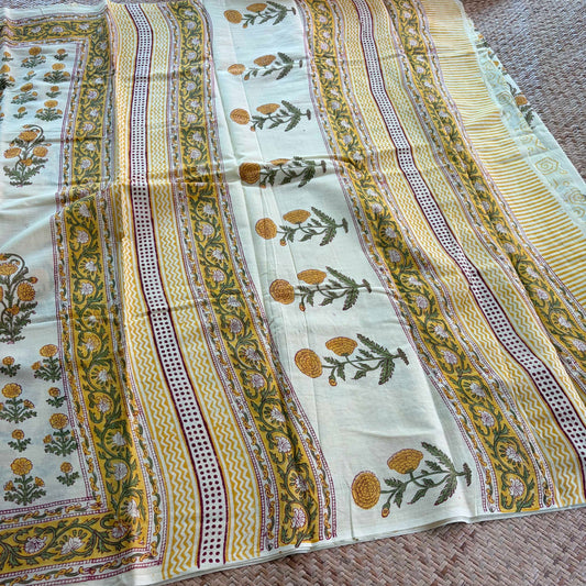 Mul Mul Cotton saree, Hand Block Printed, Pastel Yellow