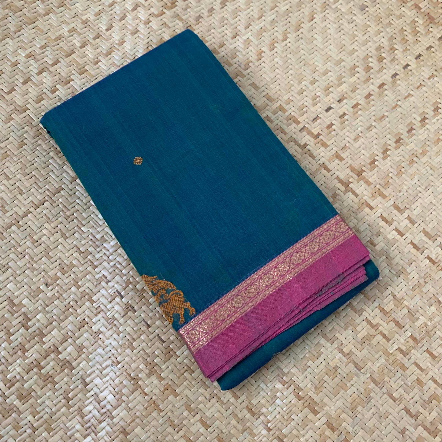 Kanchipuram Cotton Saree, Handwoven Blue Double Tone Saree with Pink Border and Grand Pallu